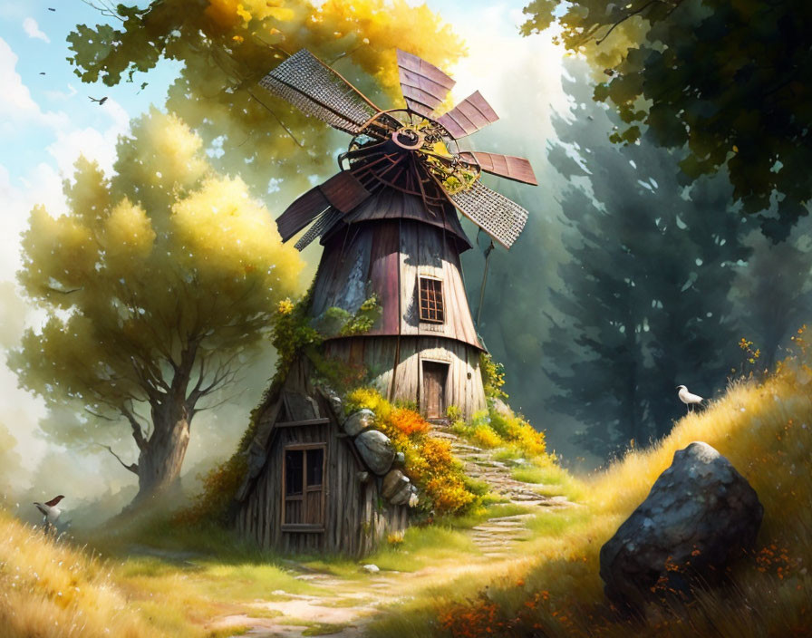 Rustic windmill in lush natural setting with stone path and birds