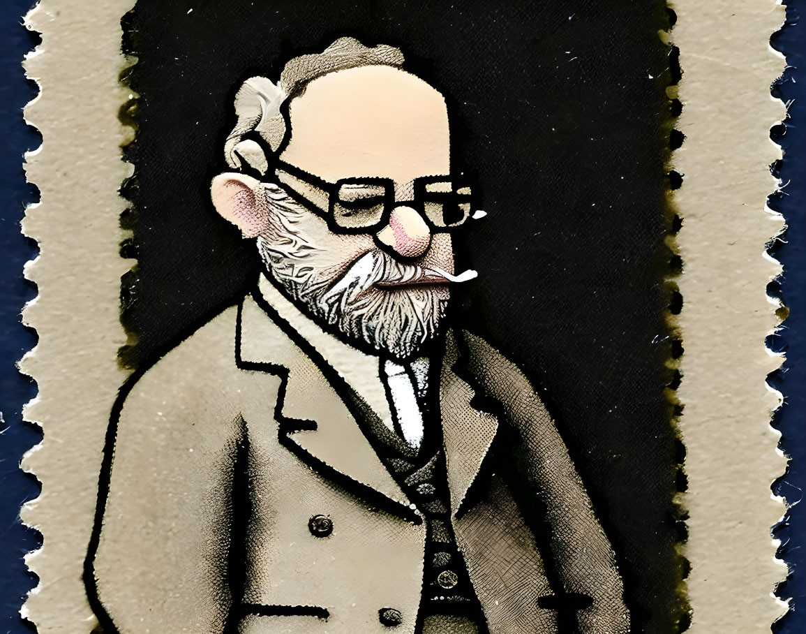 Bearded gentleman in glasses and suit on vintage postage stamp.