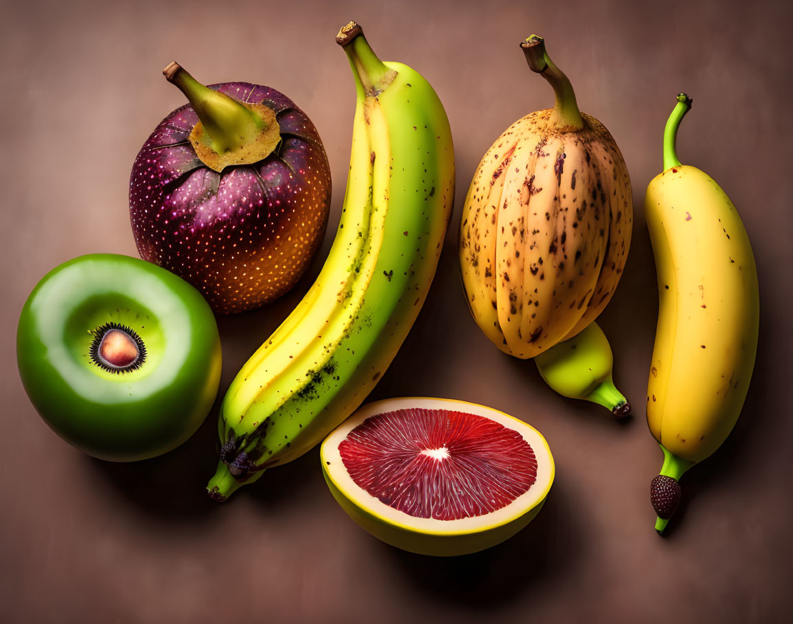 Assortment of exotic fruits on warm-toned background