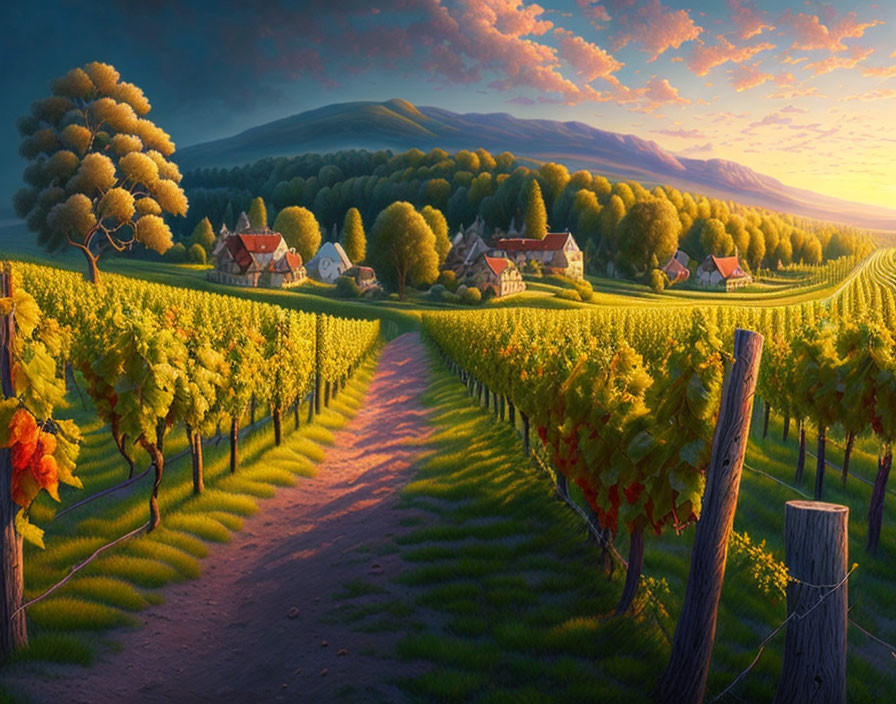 Picturesque vineyard path to quaint village at sunset