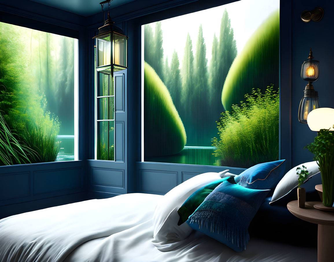 Spacious bedroom with large window, lush green view, blue walls, white bed, vintage lighting