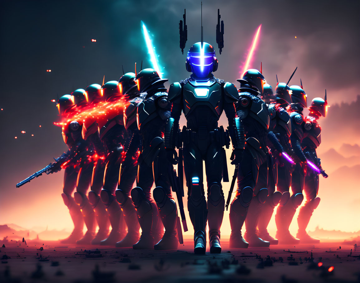 Futuristic warriors with glowing weapons prepare for battle at dusk