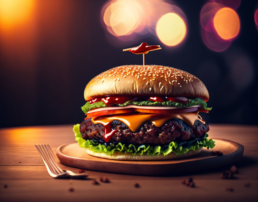 Cheeseburger with lettuce, tomato, and sauce on wooden board