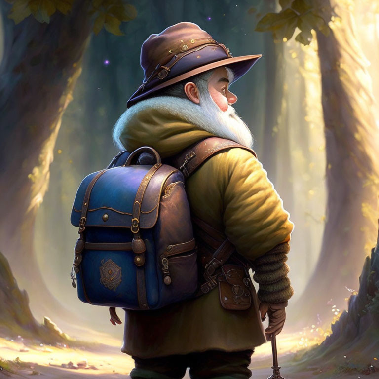 Bearded gnome with walking stick in enchanted forest