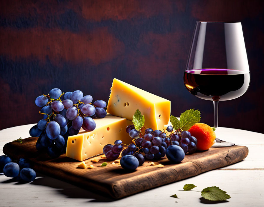 Cheese, Grapes, Apricot, and Red Wine Still Life Composition