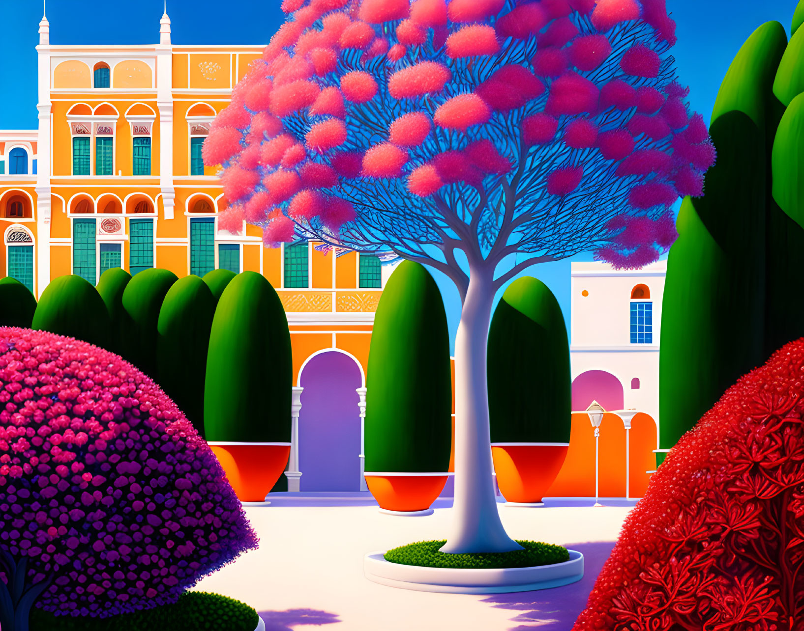 Colorful Tree and Ornate Buildings in Vibrant Landscape