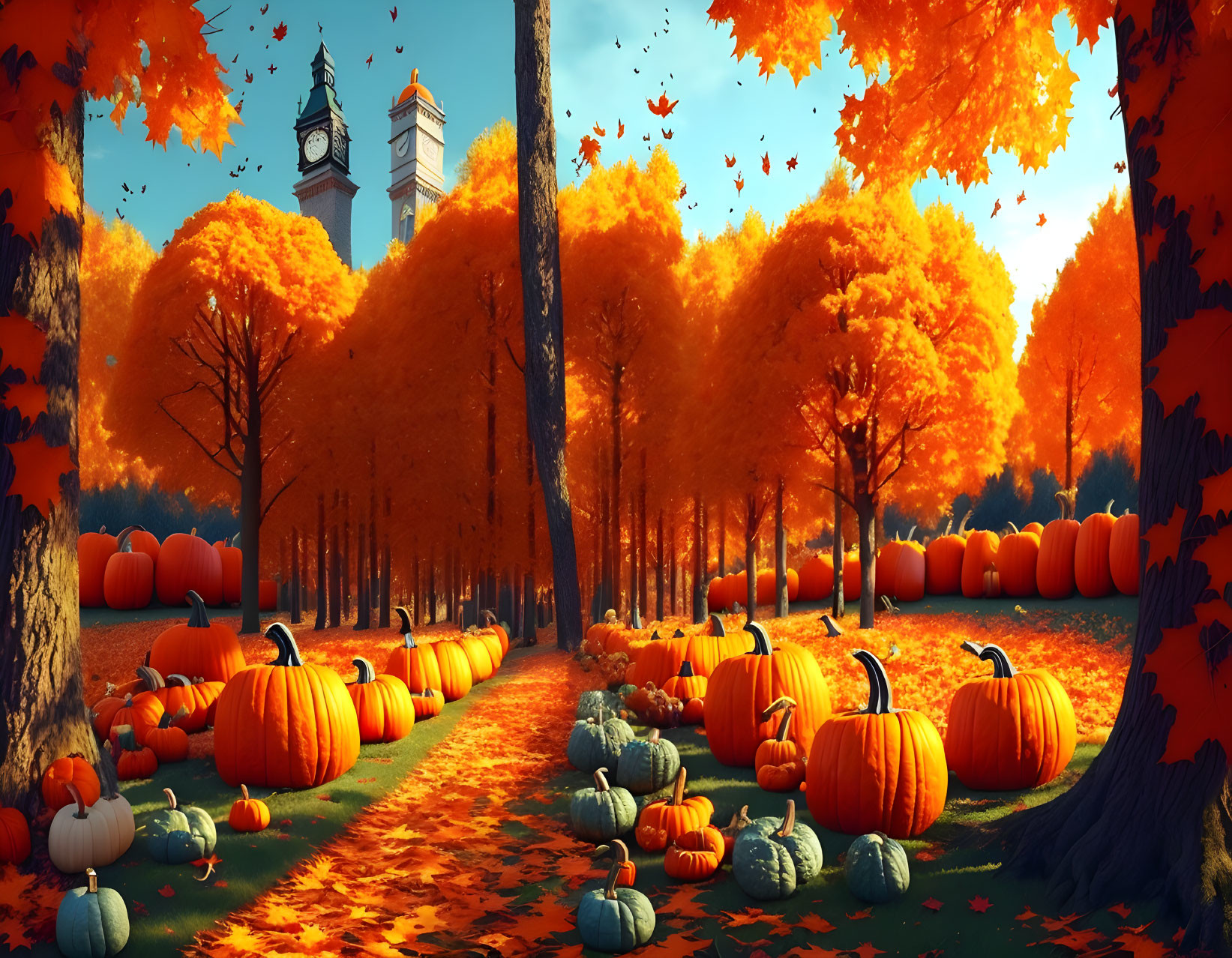 Vivid Autumn Landscape with Trees, Pumpkins, and Clock Tower