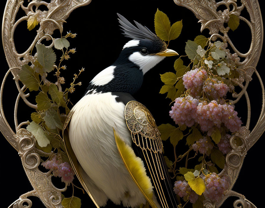 Black, White, and Yellow Bird in Ornate Golden Frame with Floral Accents