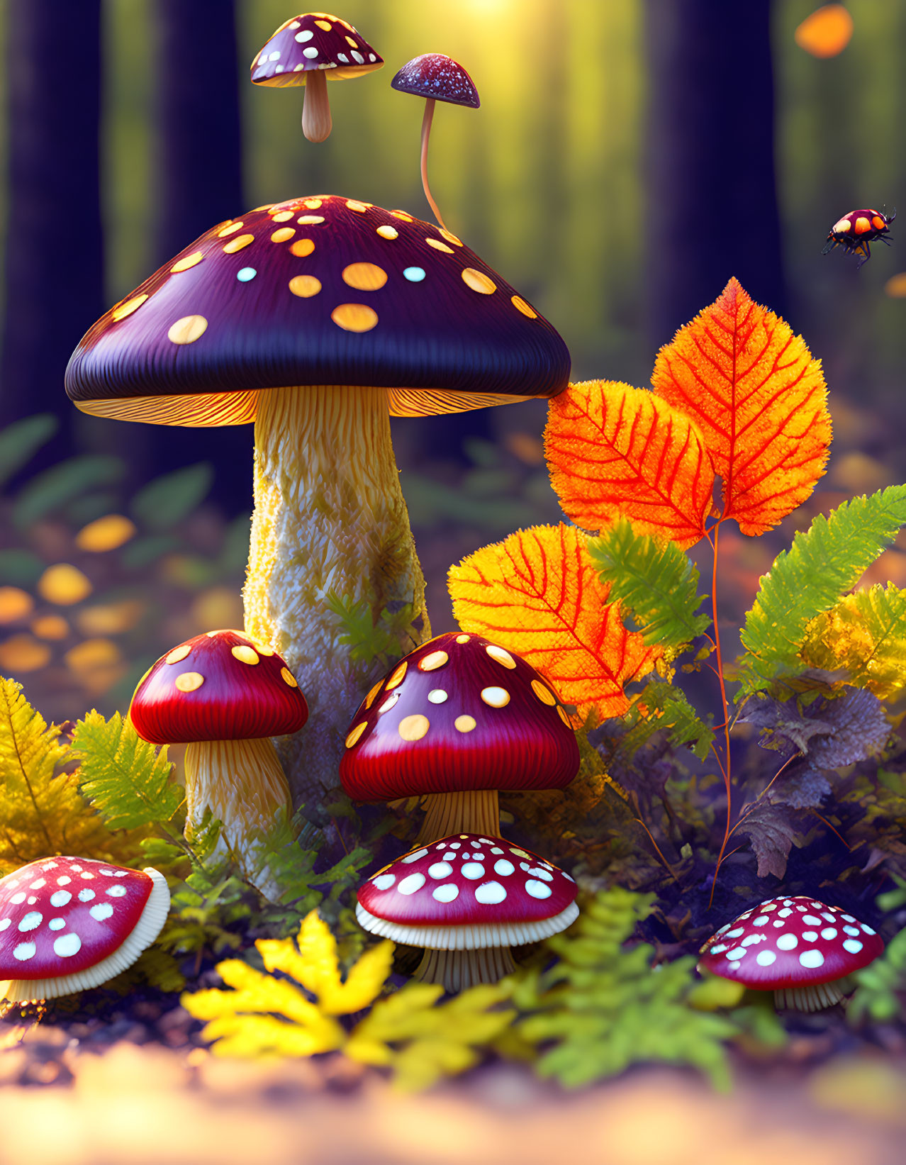 Colorful mushrooms and foliage in forest setting with whimsical light.