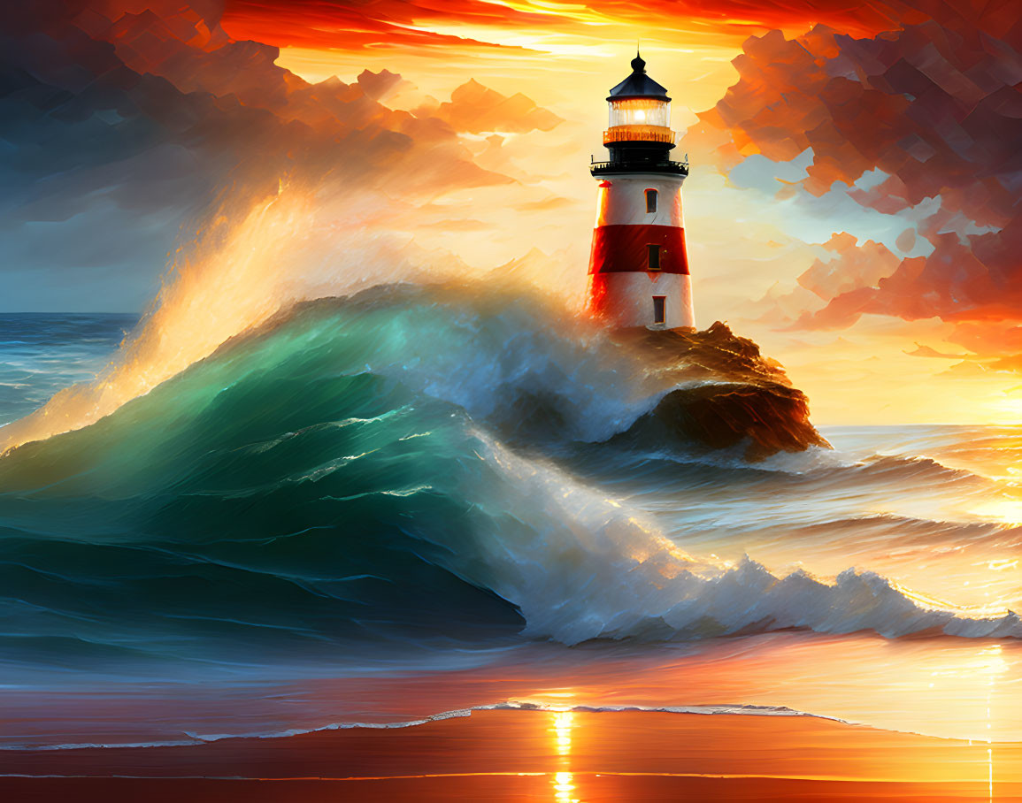 Digital painting of lighthouse on rocky outcrop with crashing wave under dramatic sunset.