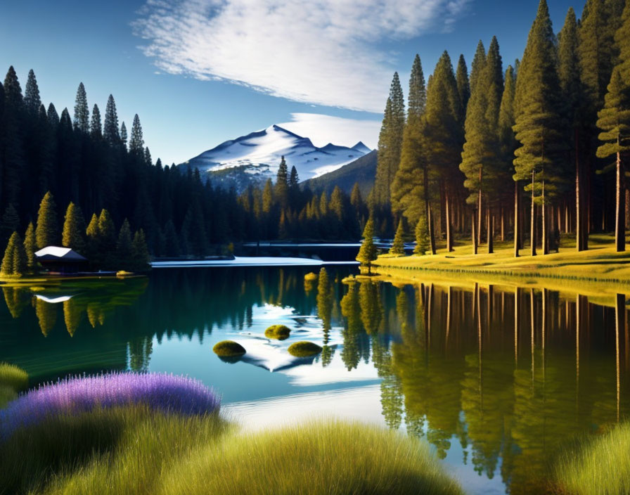 Scenic Mountain Lake with Pine Trees and Snowy Peak