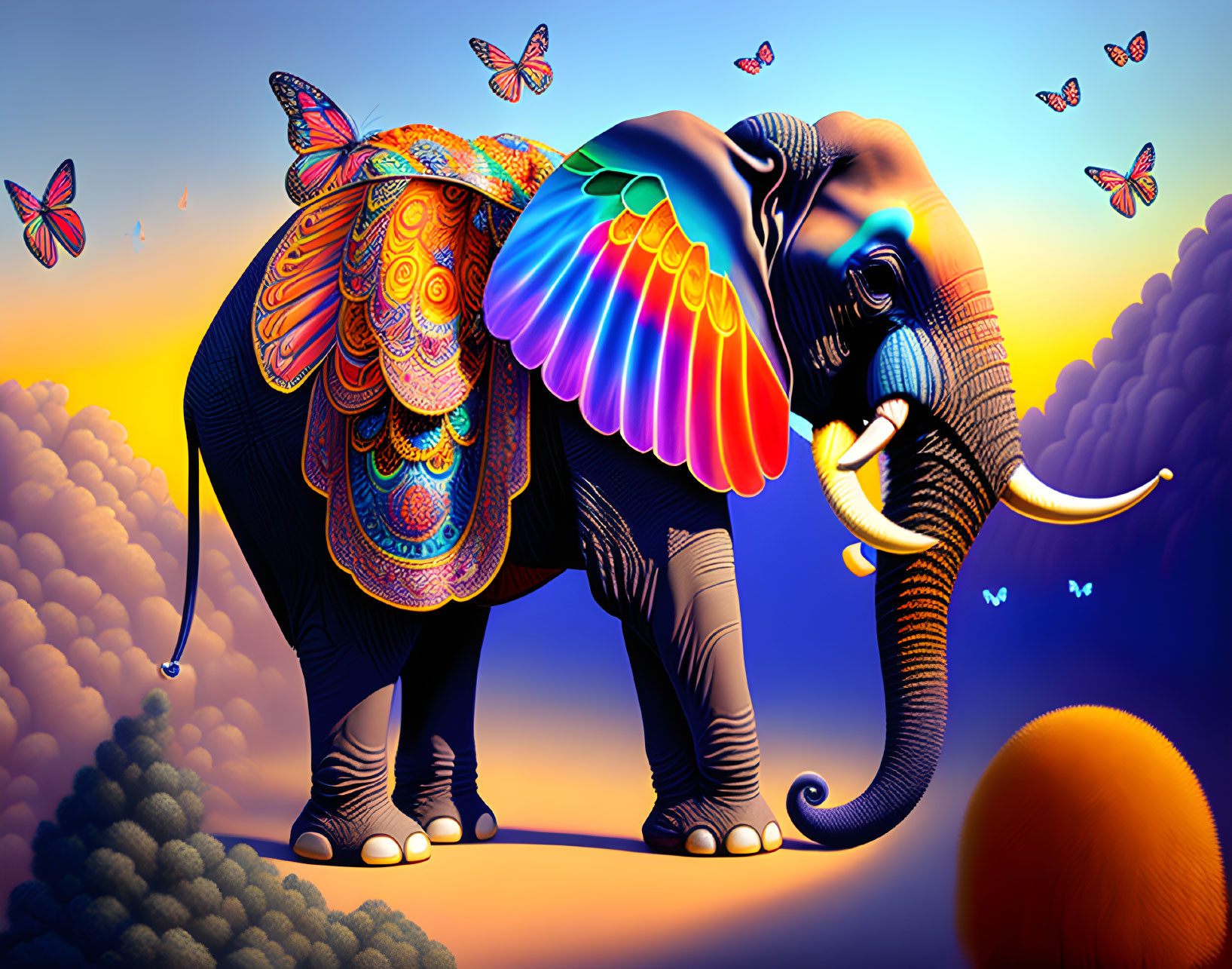 Colorful Elephant Artwork with Sunset Sky and Butterflies