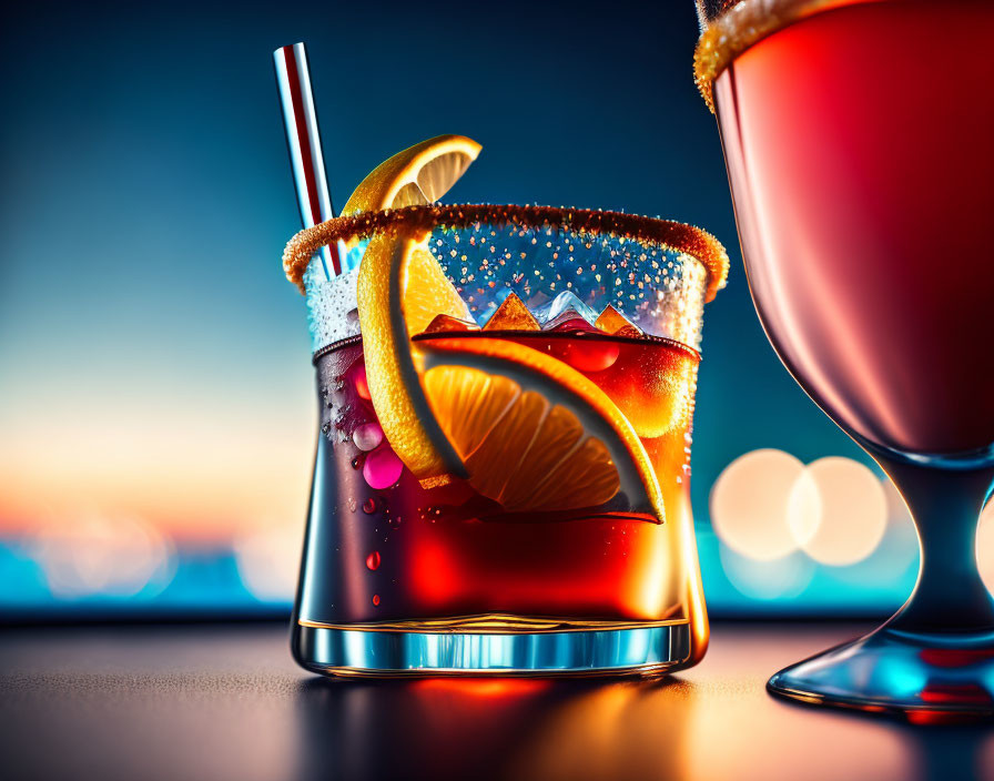 Colorful cocktail with sugar rim and lemon garnish against city lights background