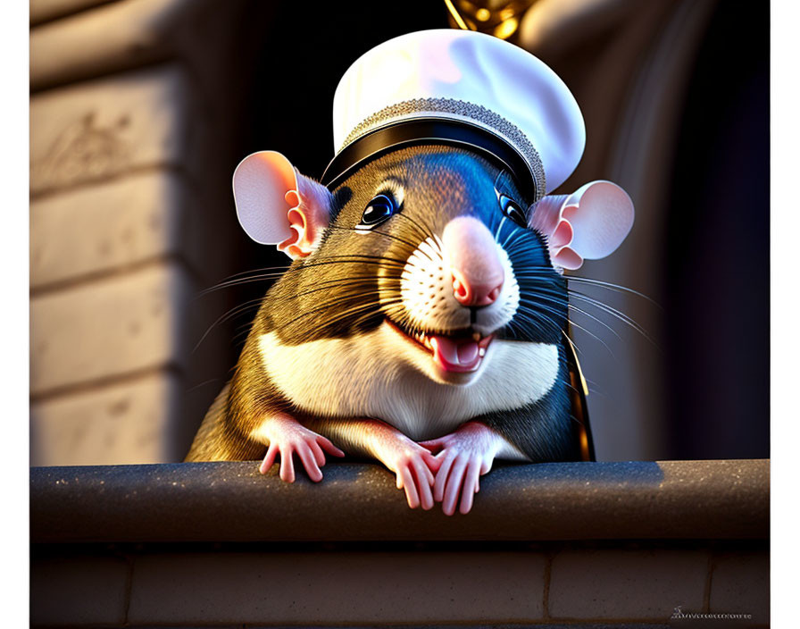 Chef's hat-wearing rat character in animated style on ledge with warm glowing background