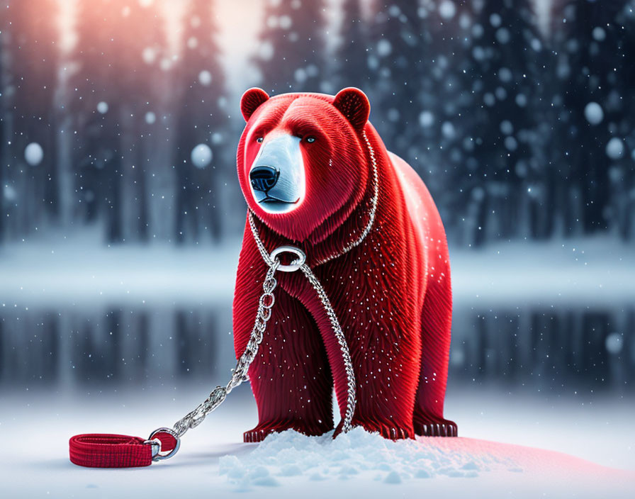 Red Bear Sculpture with Silver Nose Ring in Snowy Setting