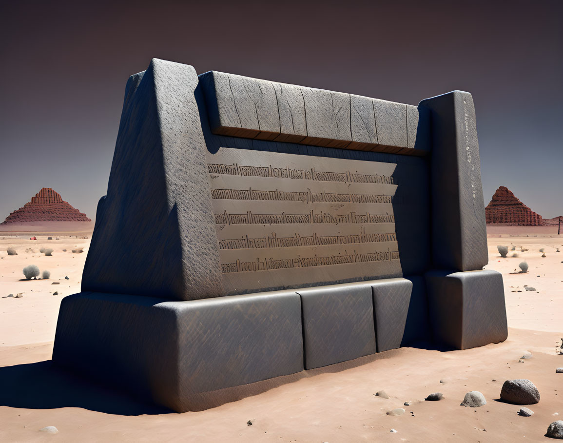 Ancient gate-like stone structure with inscriptions in desert landscape