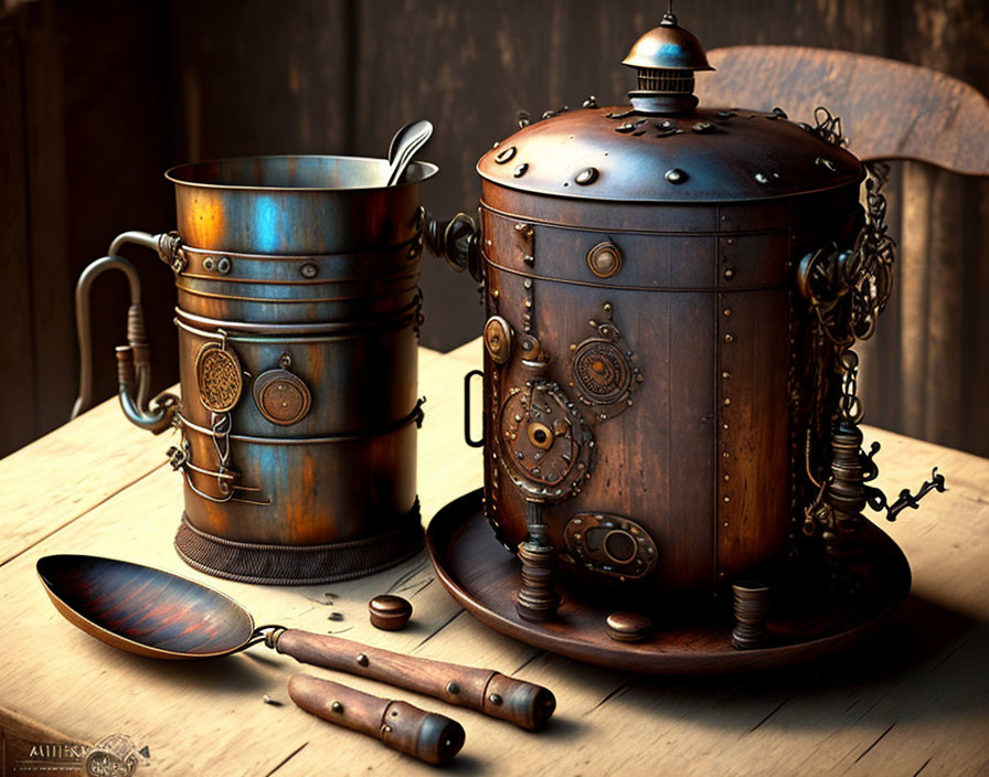 Steampunk-themed copper kettle tea set with gears and rivets on wooden backdrop