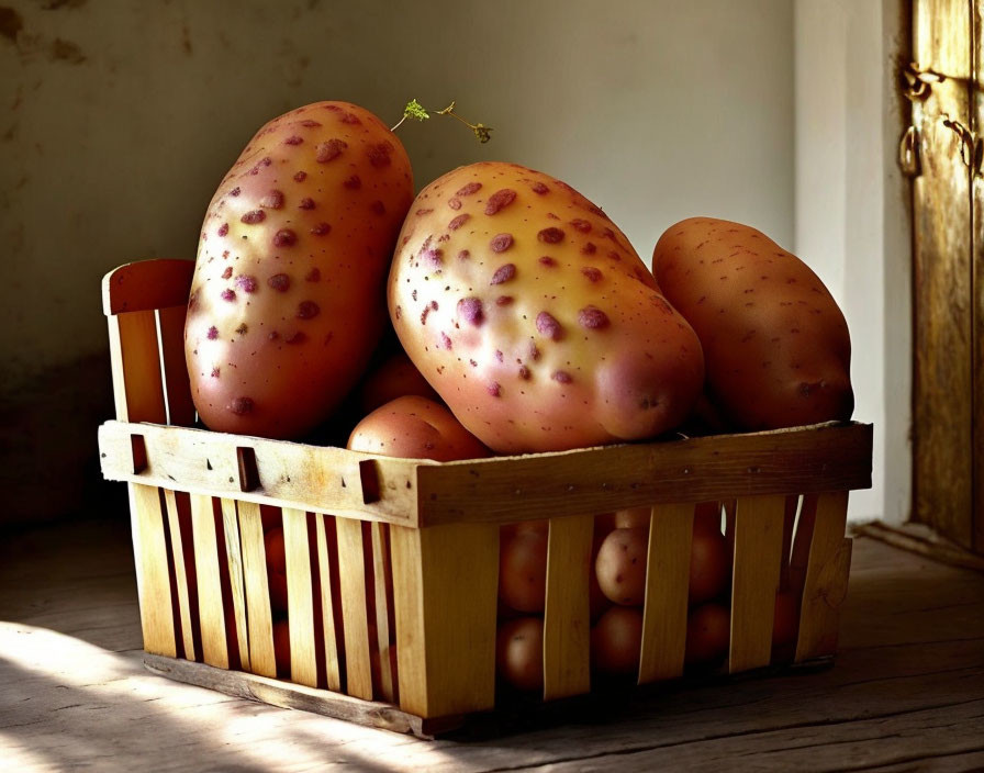 Wooden crate with sprouting potatoes in sunlit room