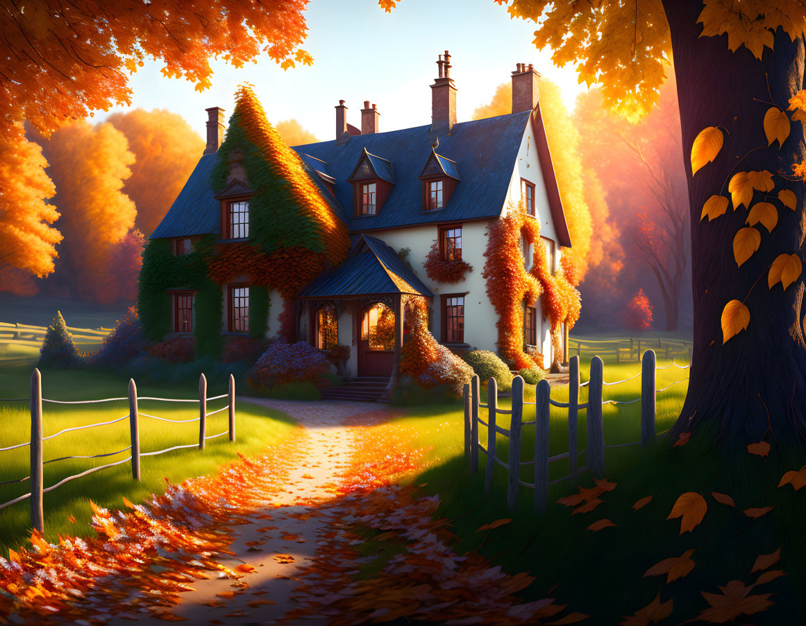 Autumn Sunset Light on Picturesque Country House