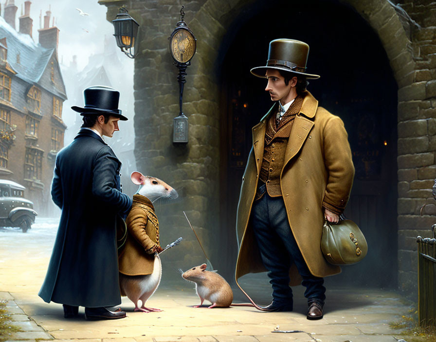 Victorian-themed anthropomorphic rat meeting man in top hat and overcoat