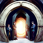 Three figures at enchanted door with swirling portal.