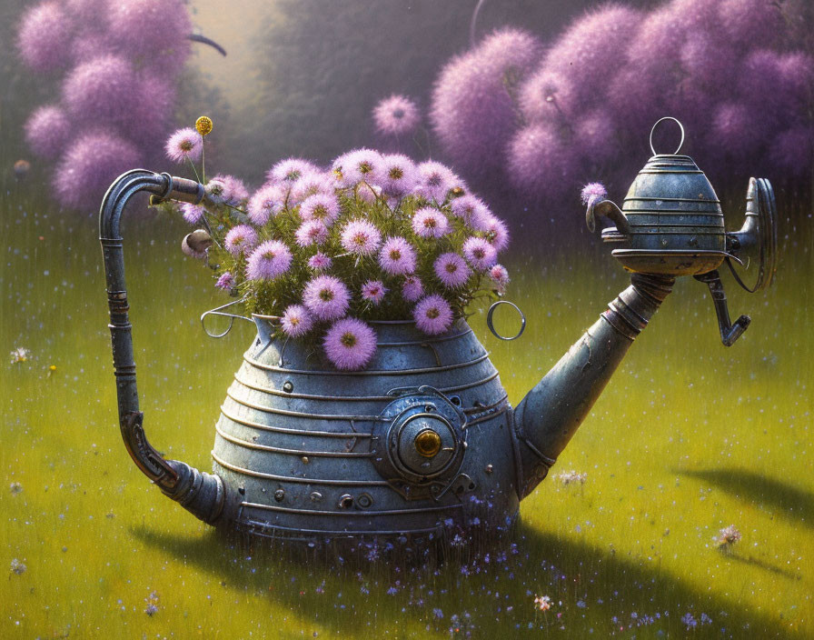 Whimsical robot with teapot-like body and purple flower crown in field with floating seeds.