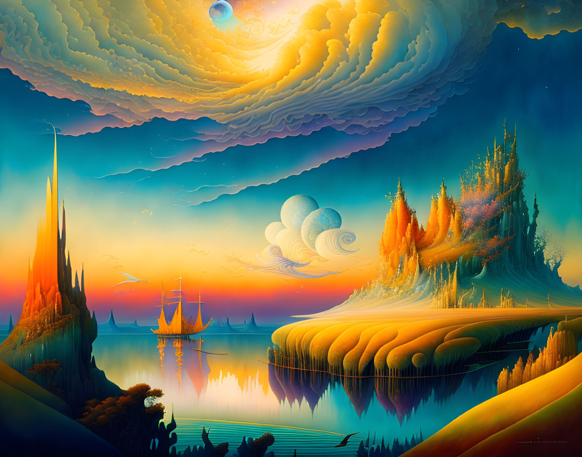 Vibrant surreal landscape with fantastical castles and celestial bodies