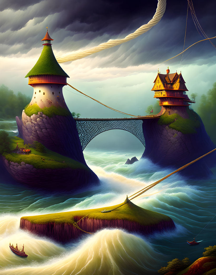 Fantasy illustration of towering bridge between rock formations & whimsical buildings against dramatic sky & turbulent sea.