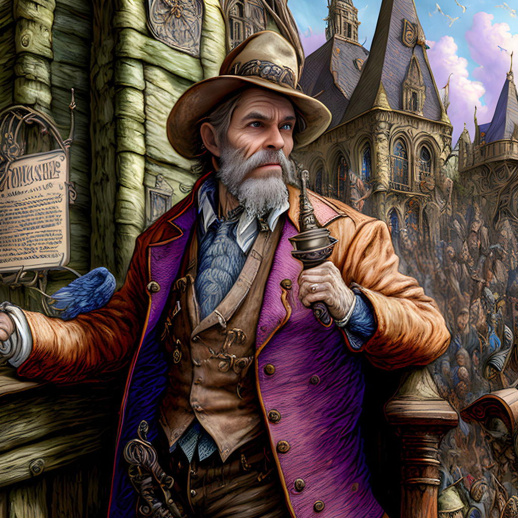 Bearded man in purple coat holding a bell at gothic building