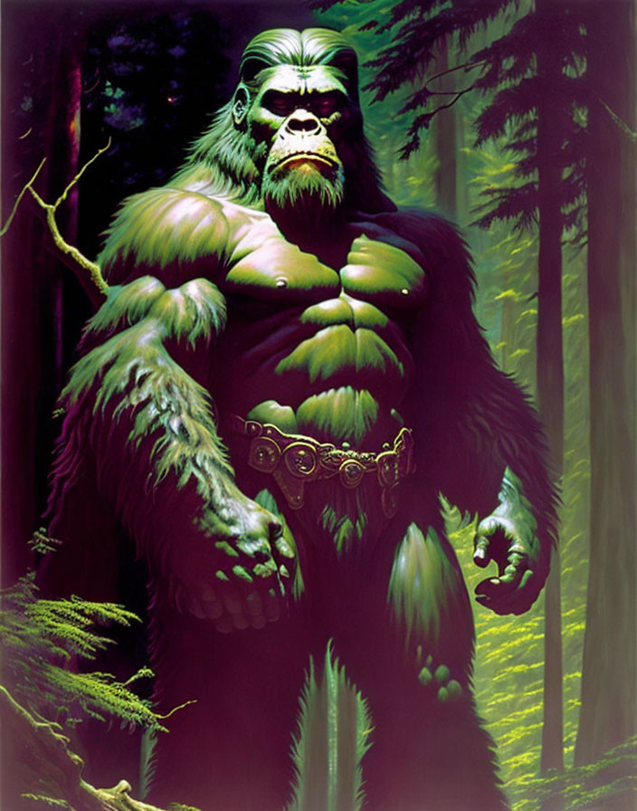 Muscular green ape-like creature with white facial hair in forest clearing