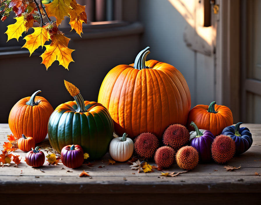 Assorted pumpkins and gourds on wooden surface with autumn leaves in cozy setting