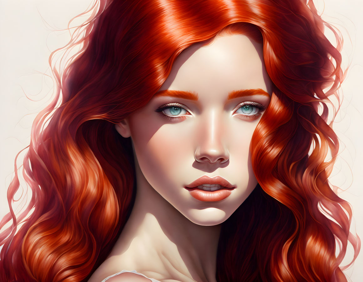 Detailed digital portrait: Young woman with red hair and blue eyes on light background