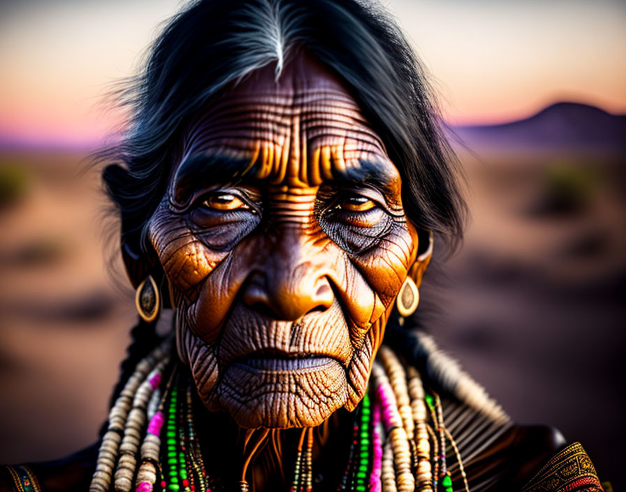 Elderly woman with deep wrinkles and traditional jewelry in desert setting