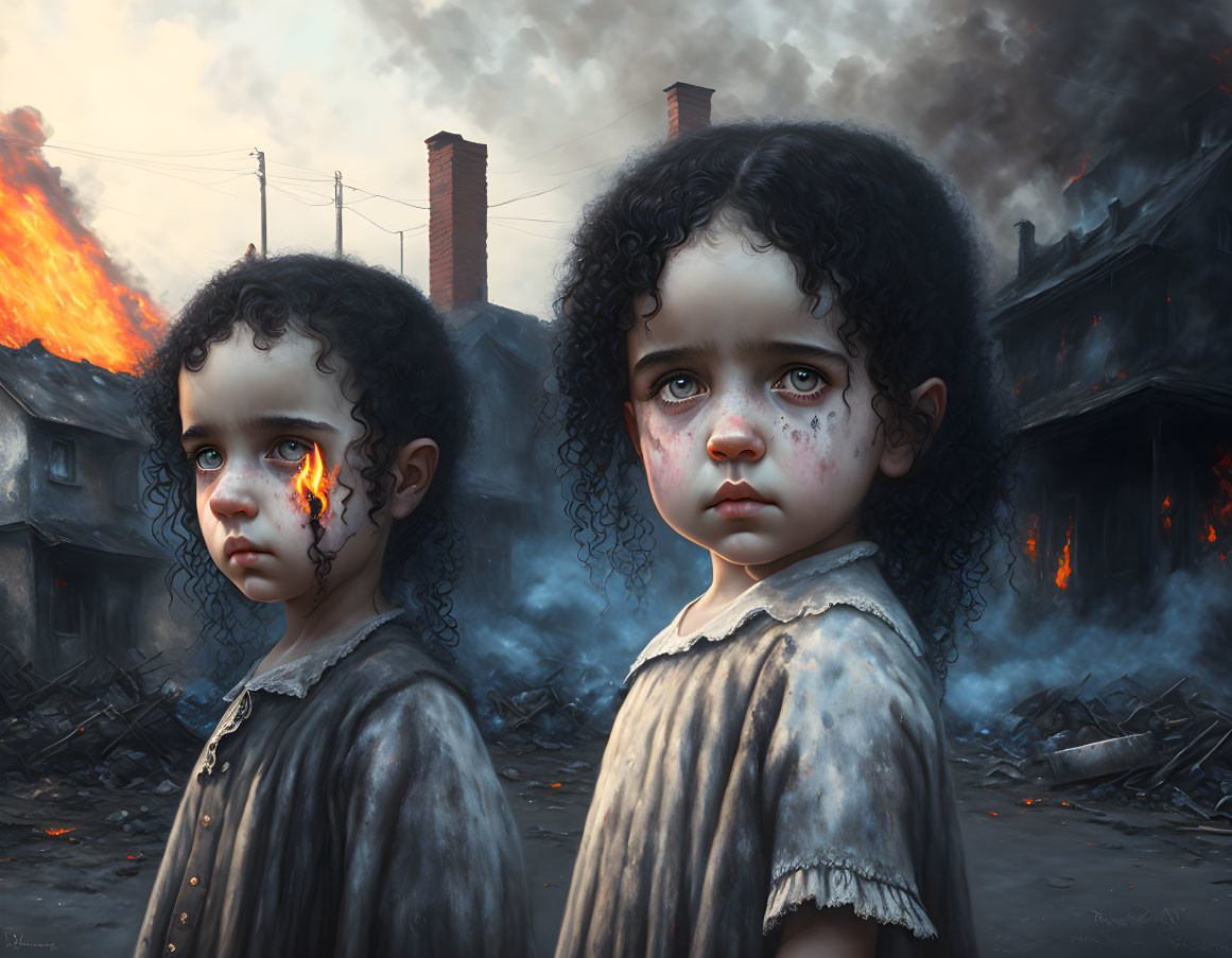 Children with striking eyes in somber industrial setting.