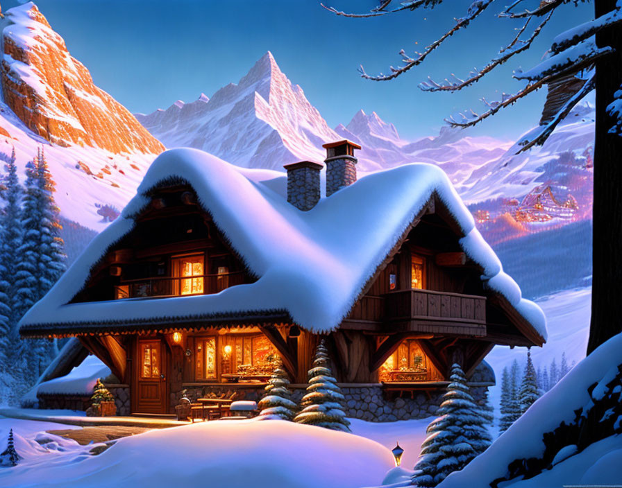 Cozy snow-covered cabin in serene mountain landscape at dusk