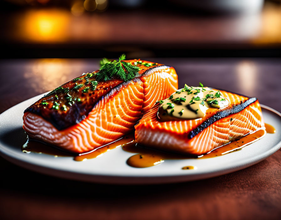 Grilled salmon with herbs and sauce on white plate