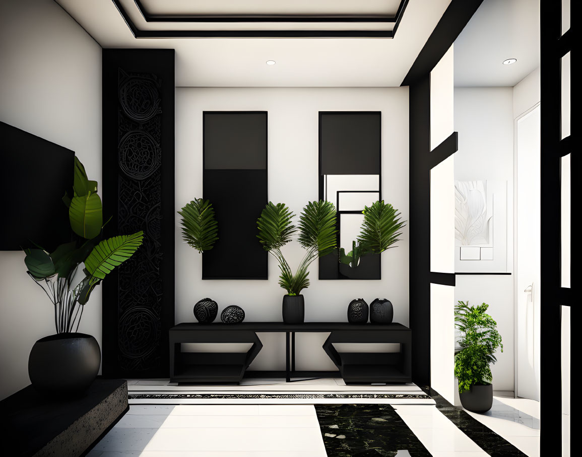 Monochromatic living room with black decor and geometric designs.