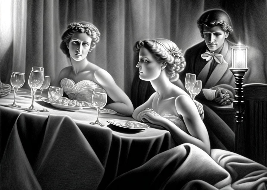 Elegantly Dressed People at Formal Dining Table in Grayscale