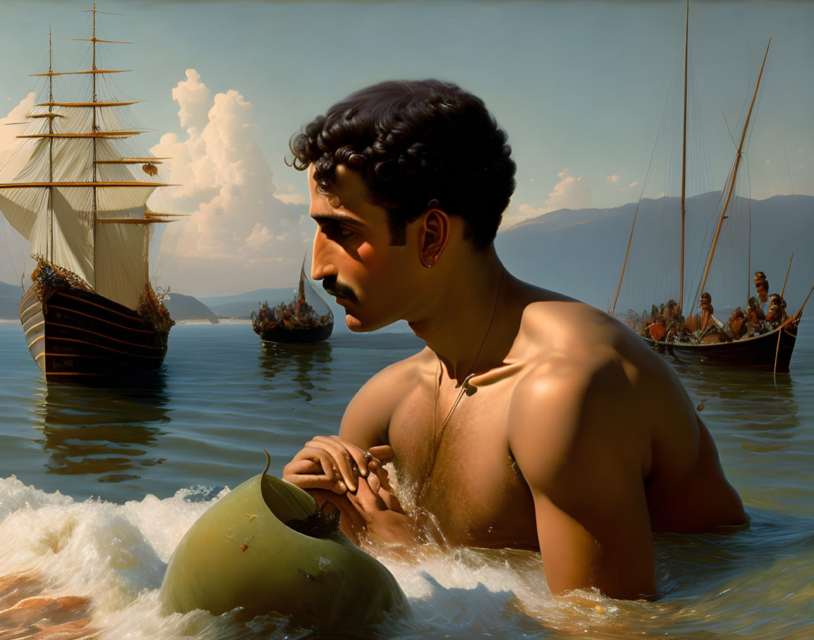 Shirtless man with mustache floating in sea with sailing ships and rowboat in background