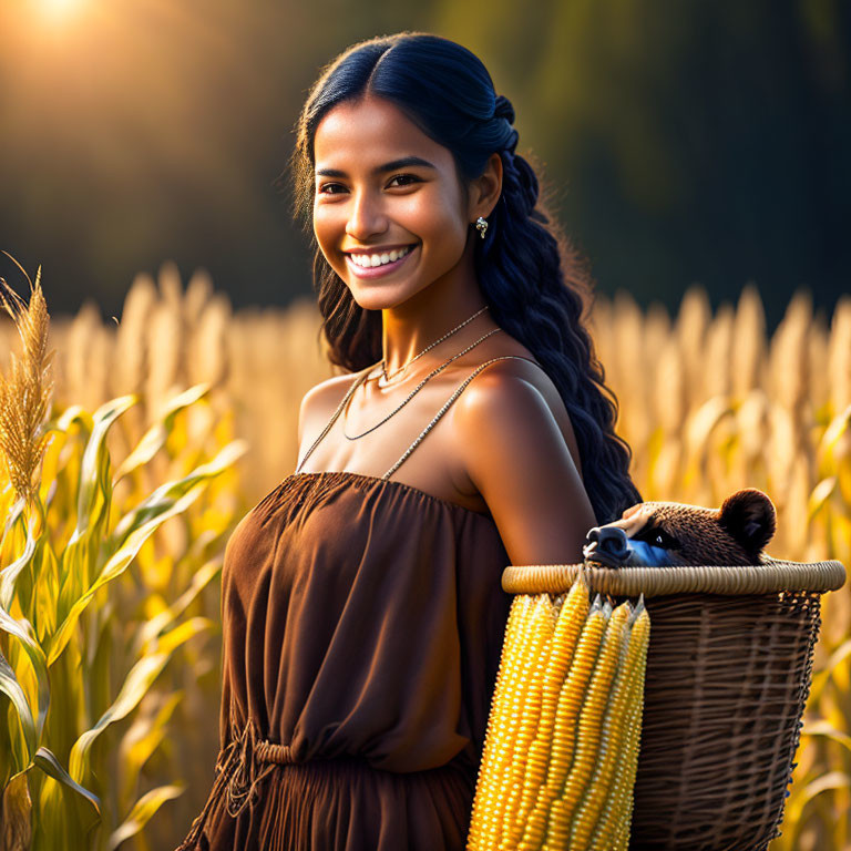 Smiling woman with braided hair holding corn cobs and raccoon in cornfield at sunset