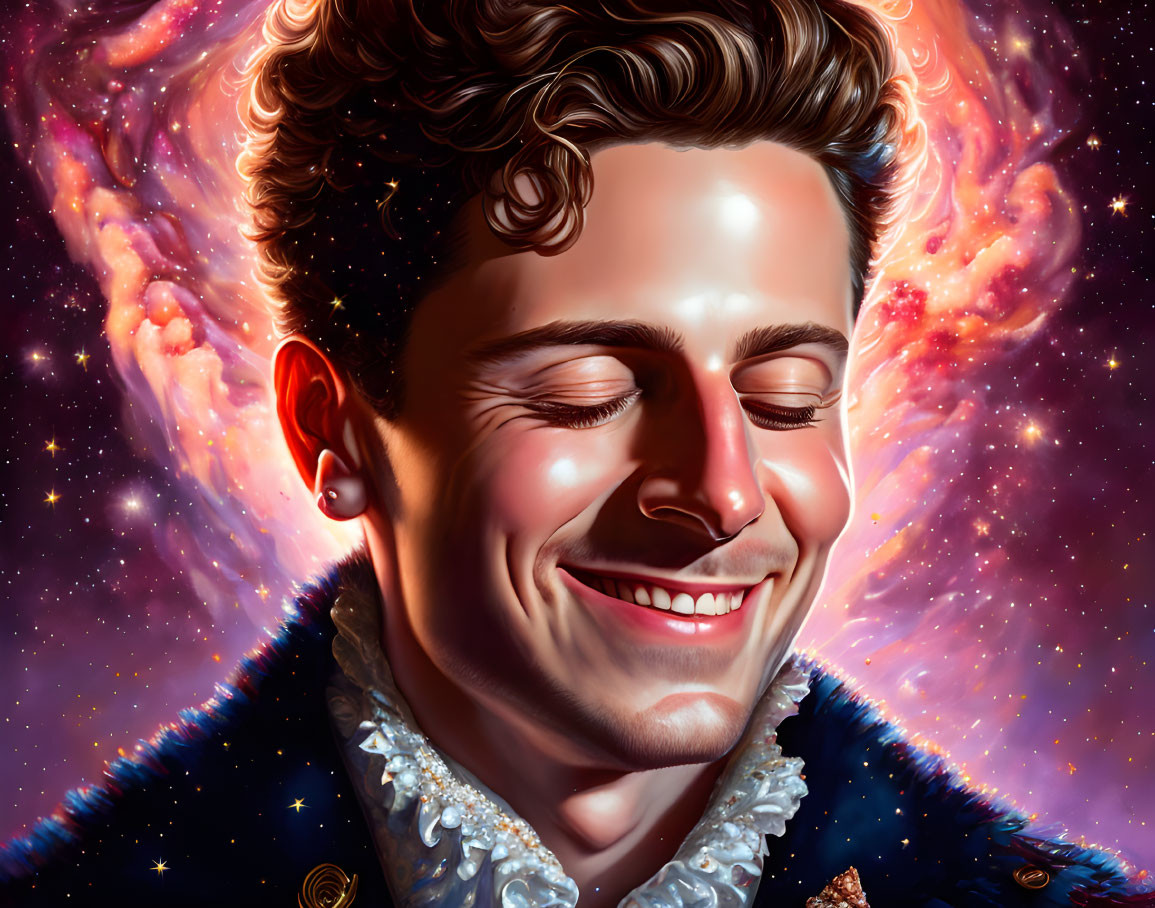 Smiling man in digital portrait with cosmic background