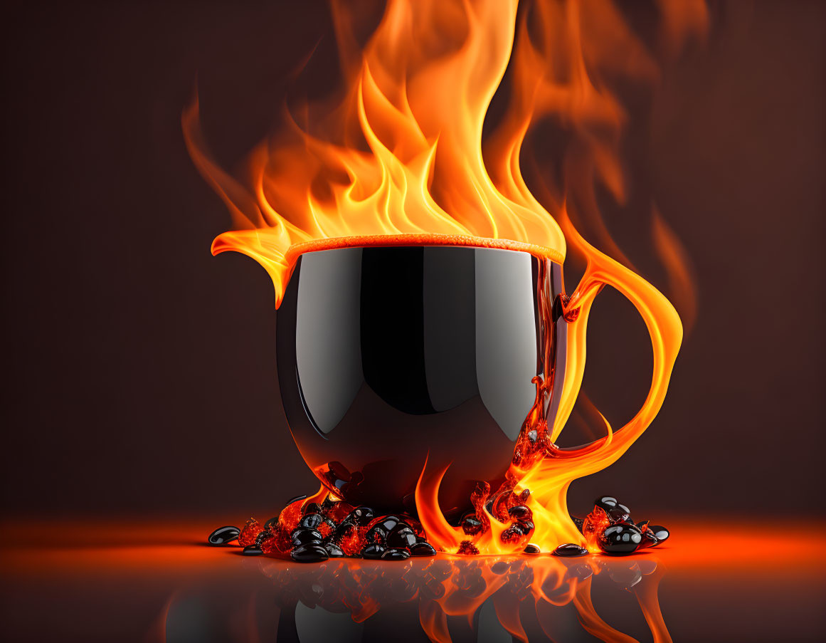 Stylized image: Coffee cup engulfed in flames with coffee beans below