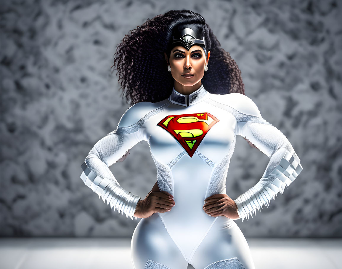 Stylized superheroine in white and blue suit with cape and tiara