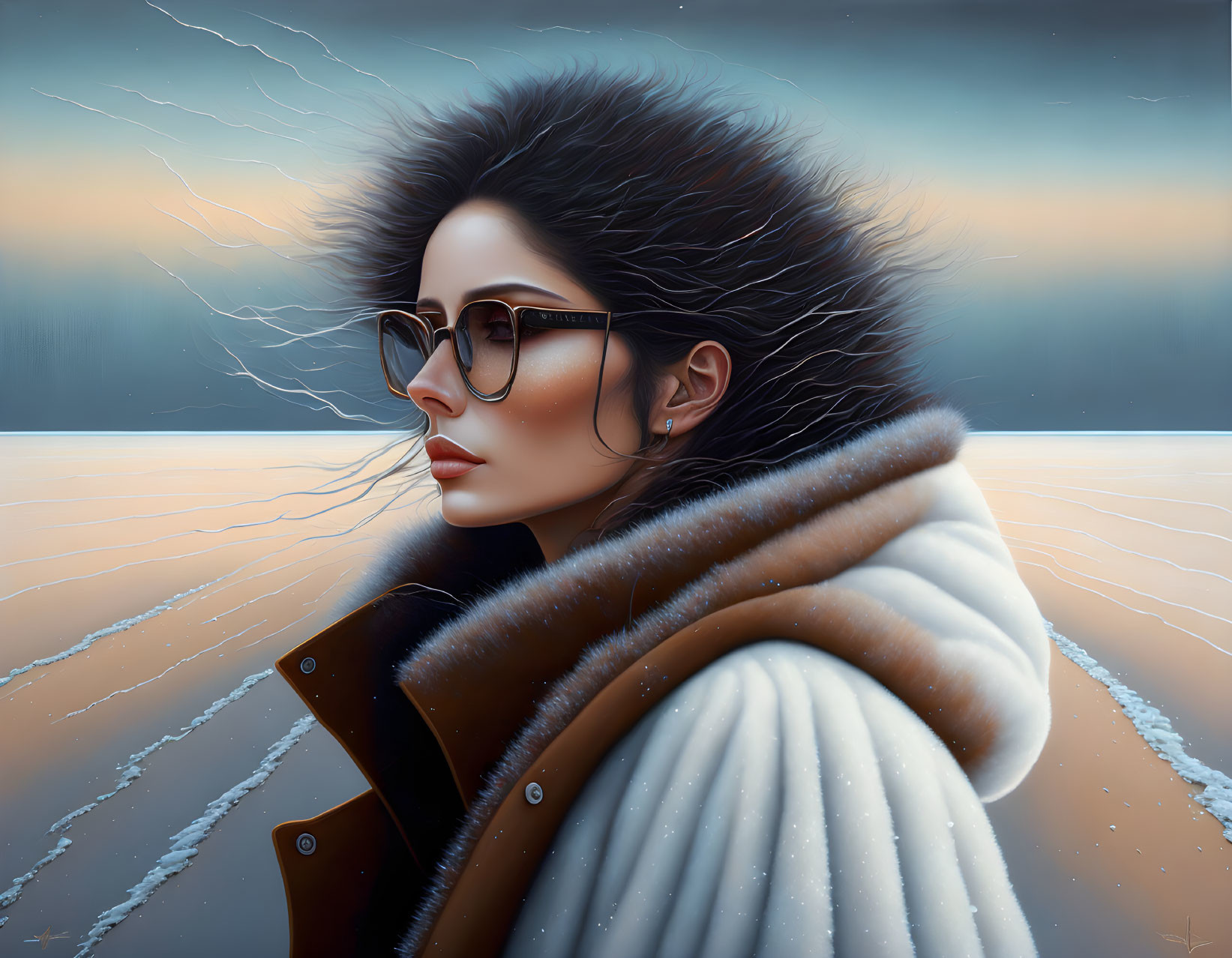 Portrait of woman with voluminous hair in glasses and fur collar coat against twilight backdrop