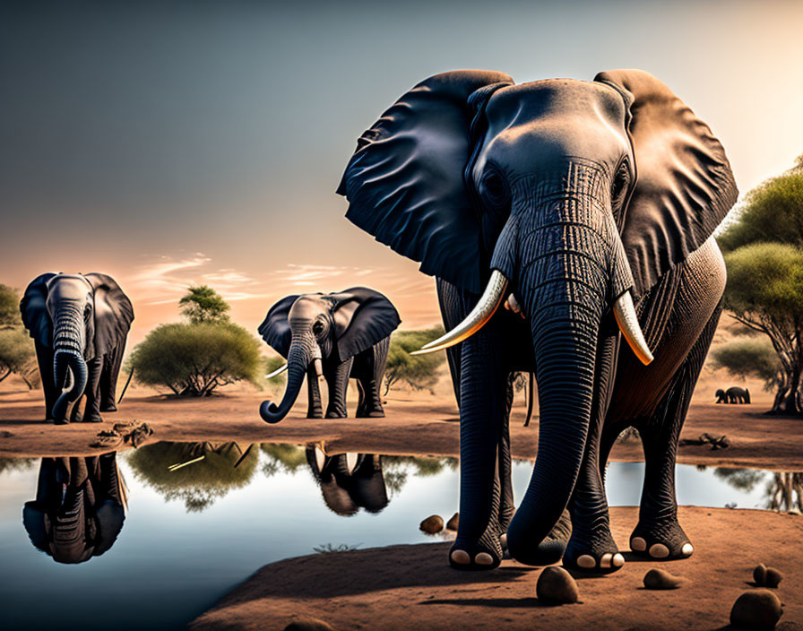 Elephants at Waterhole in Serene Savanna Landscape