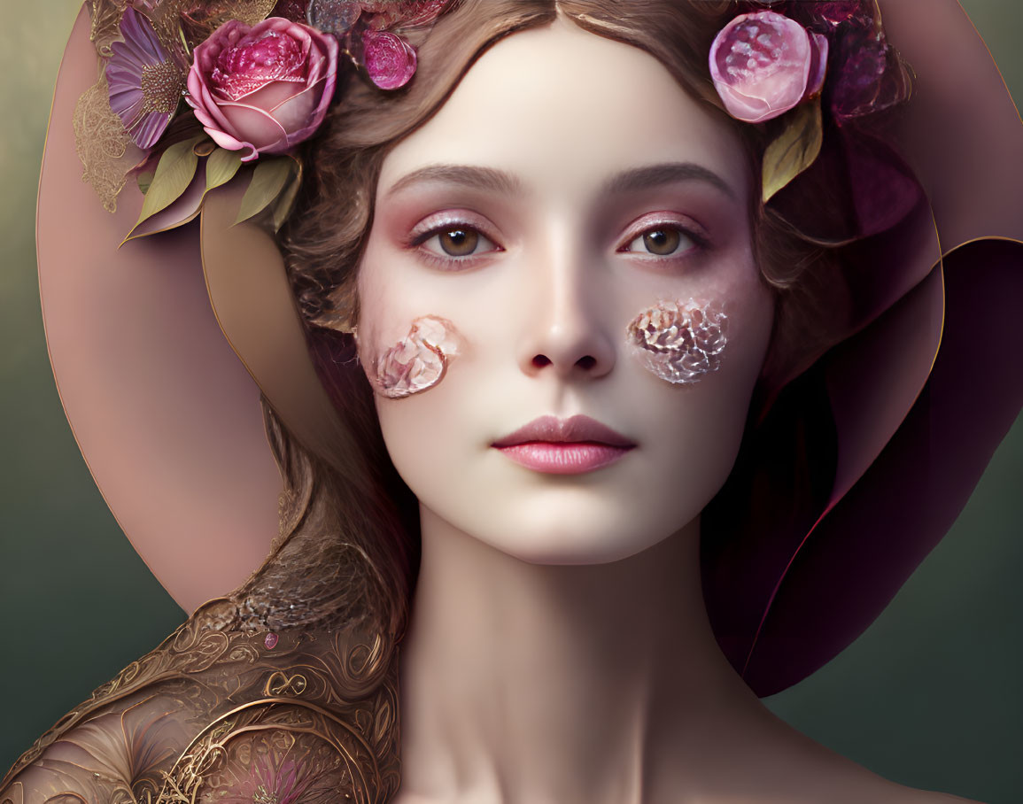 Digital artwork: Woman with floral face adornments and serene expression