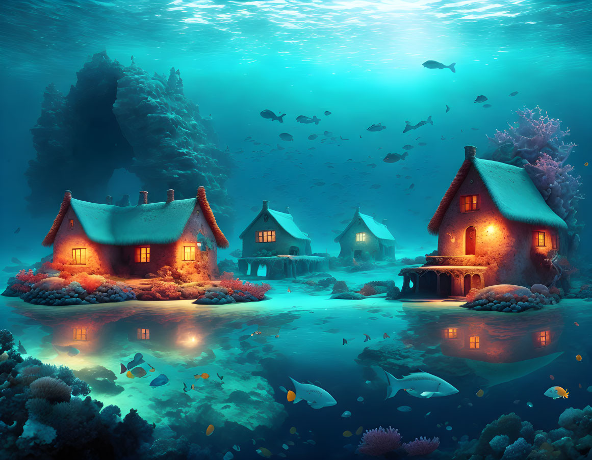 Underwater scene: Cozy cottages, coral reefs, fish in blue ocean