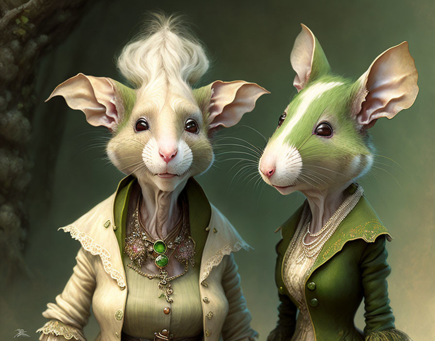 Anthropomorphic mice in elegant attire with unique hairstyles and expressive faces