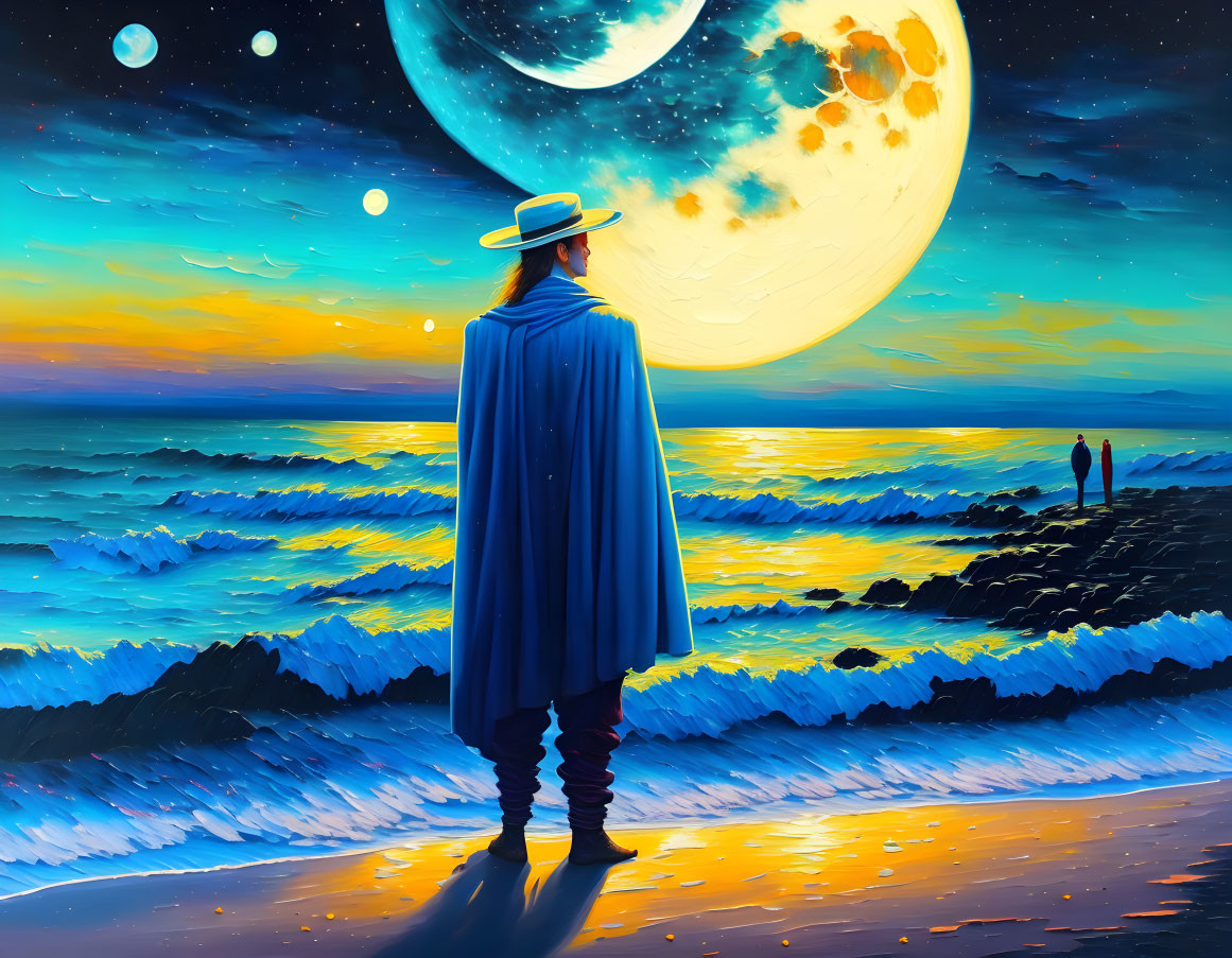 Person in wide-brimmed hat gazes at oversized moon on beach at night