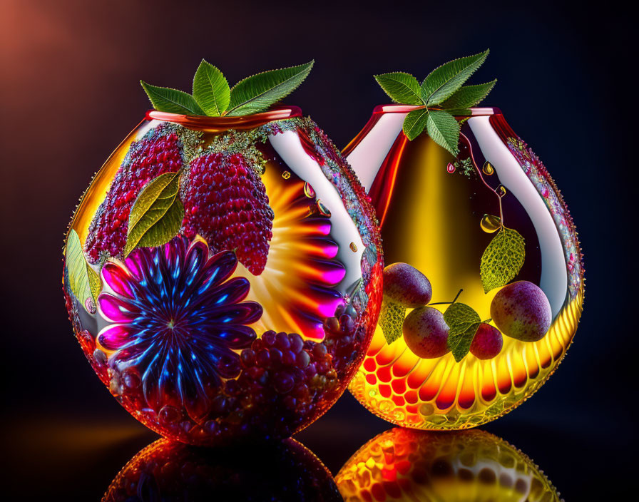 Colorful Glass Vases with 3D Fruit Designs on Dark Background